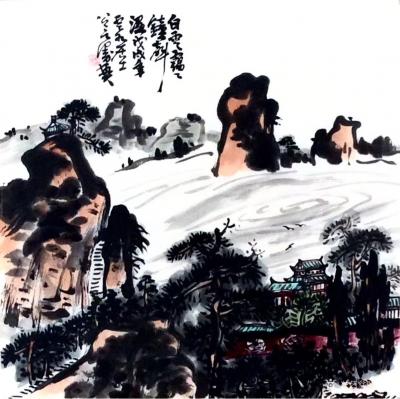 龚光万日记-国画写意山水画《 白云霭霭钟声湿 》   尺寸 68＊68cm【图1】