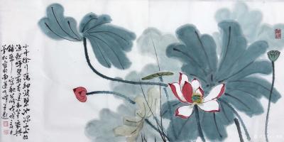 石梦松日记-小舟徐行荡细波，碧池深处放渔歌。呼儿取来墨与笔，乘兴铺纸写秋荷。国画花鸟画《荷》【图1】