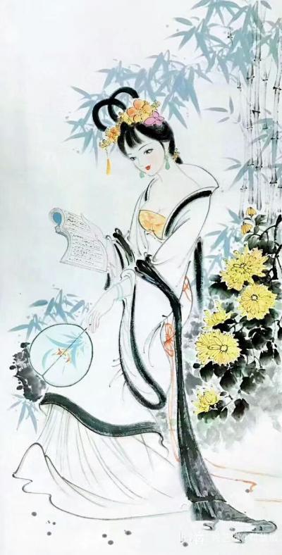 刘慧敏日记-国画人物画仕女图一组，请欣赏。《芳心自赏》69*140cm【图6】