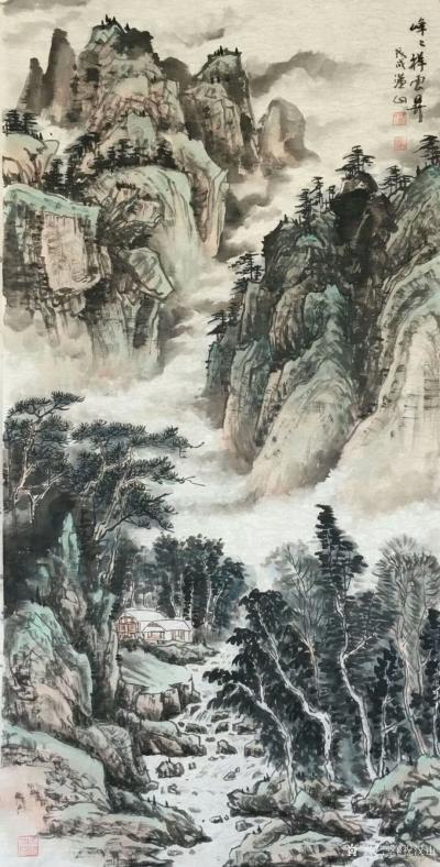 祝汉山日记-国画山水画《峰峰祥云升，壑壑流水声。千里不觉远，万也可征。》尺寸68x140cm【图1】