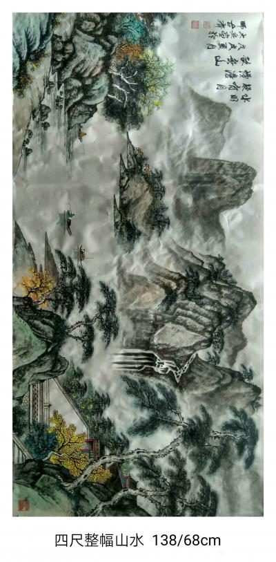魏太兵日记-国画山水画《水明疑有月，烟淡欲无山》，尺寸68*138cm，配上墙效果图，请欣赏【图1】