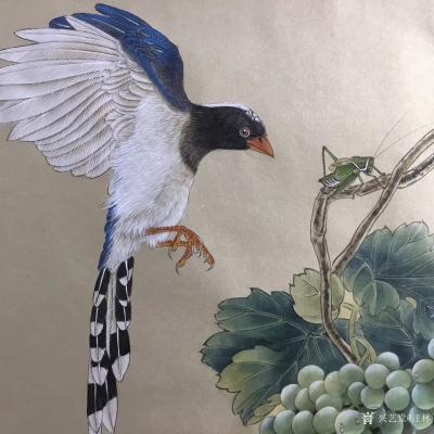 汪林日记-工笔花鸟画新作品《露浓压架葡萄熟 凭栏伫眺待君来》60x60cm【图1】