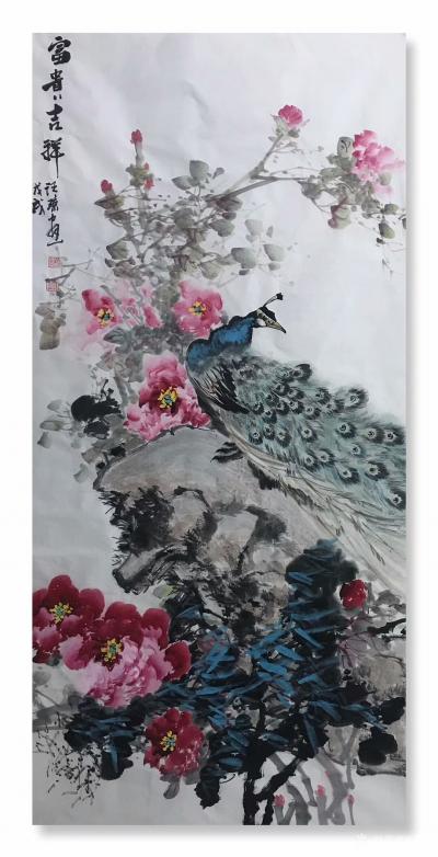 汪琼日记-新画的国画花鸟画《富贵吉祥》，《紫气东来》，《晨曲》，四尺整张三幅，尺寸68*1【图1】