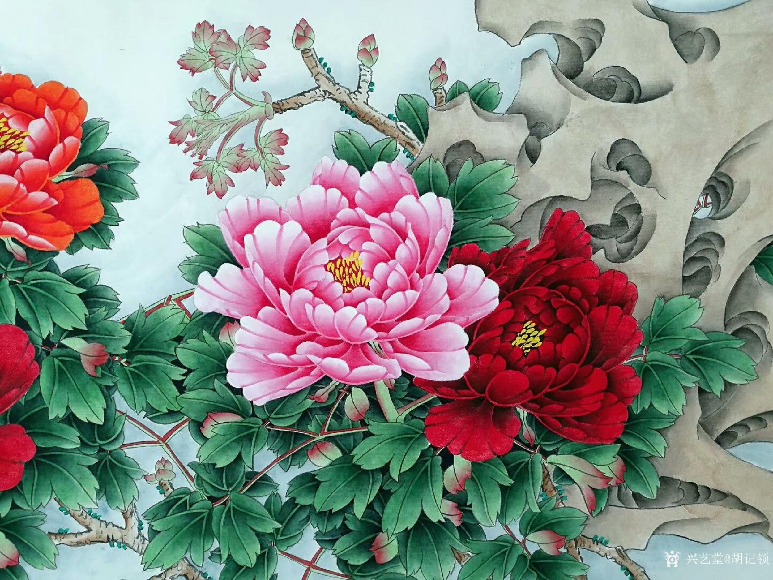 胡记领藏宝-感谢河北朋友支持与厚爱,订制的工笔花鸟画牡丹《花开富贵