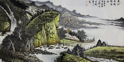 陈宏洲日记-国画山水画新作四尺横幅《春江水暖横渔舟》，68*138cm，请欣赏【图1】