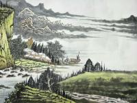 艺术家陈宏洲日记:国画山水画新作四尺横幅《春江水暖横渔舟》，68*138cm，【图1】