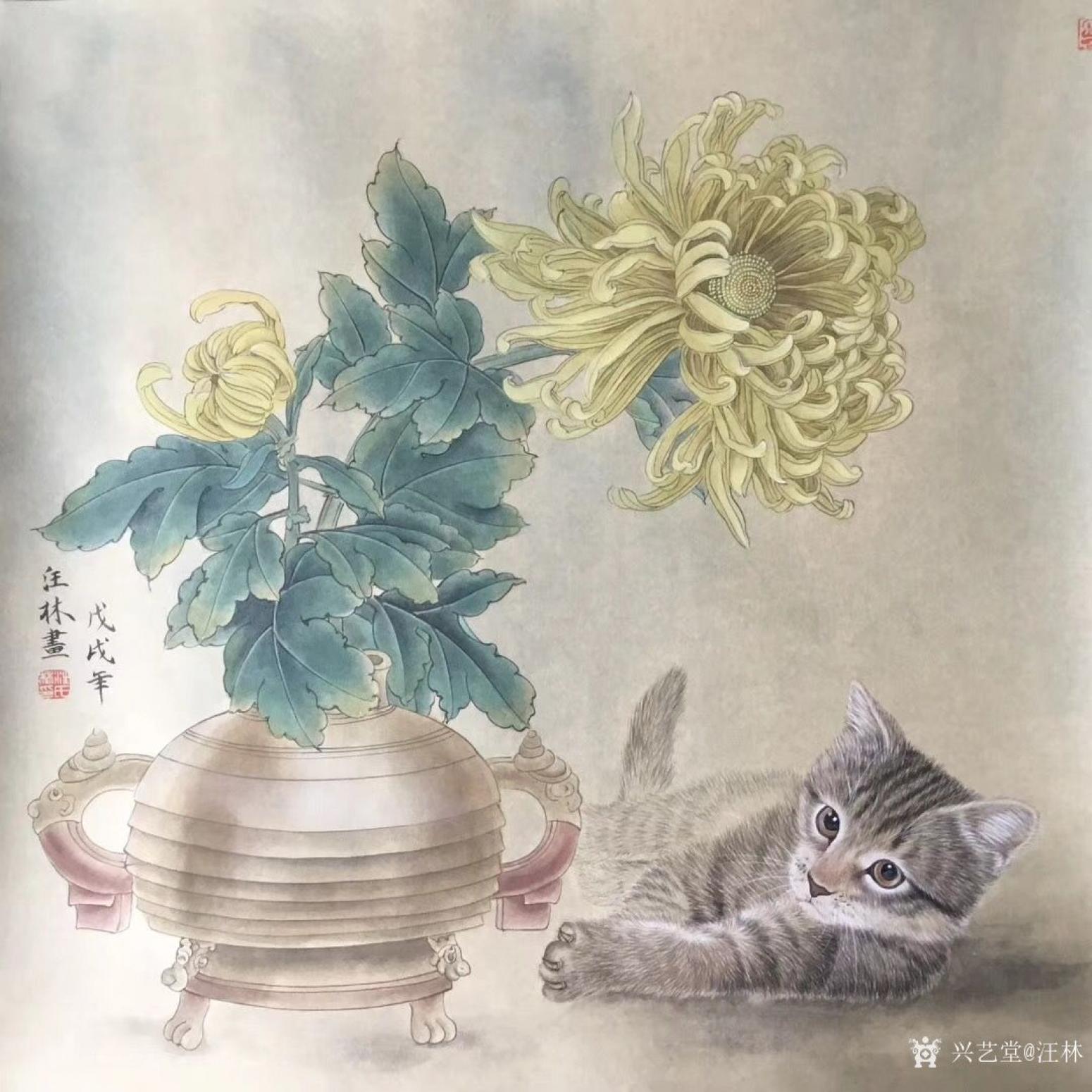 汪林国画作品《菊花与猫》