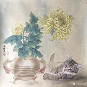 汪林国画作品《菊花与猫》价格800.00元