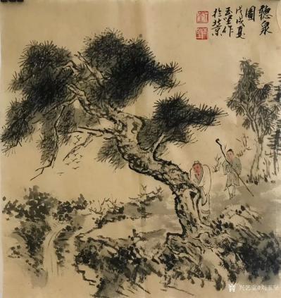 刘玉坚日记-《拾柴少年》《听泉图》《悟道图》，玉坚近作的一平尺小画，国画山水人物画，早安，请【图2】