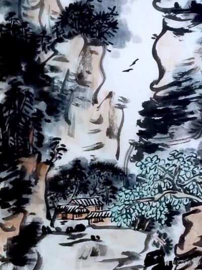 龚光万日记-国画写意山水画“万壑烟光动，千林雨气通。五冠西畔九龙东。水墨古屏风。岩树浓凝翠，【图2】