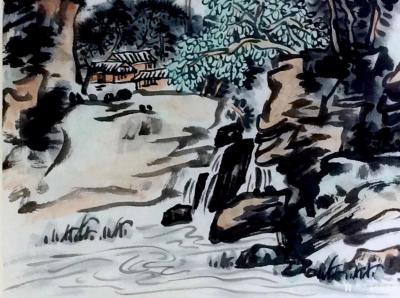 龚光万日记-国画写意山水画“万壑烟光动，千林雨气通。五冠西畔九龙东。水墨古屏风。岩树浓凝翠，【图4】