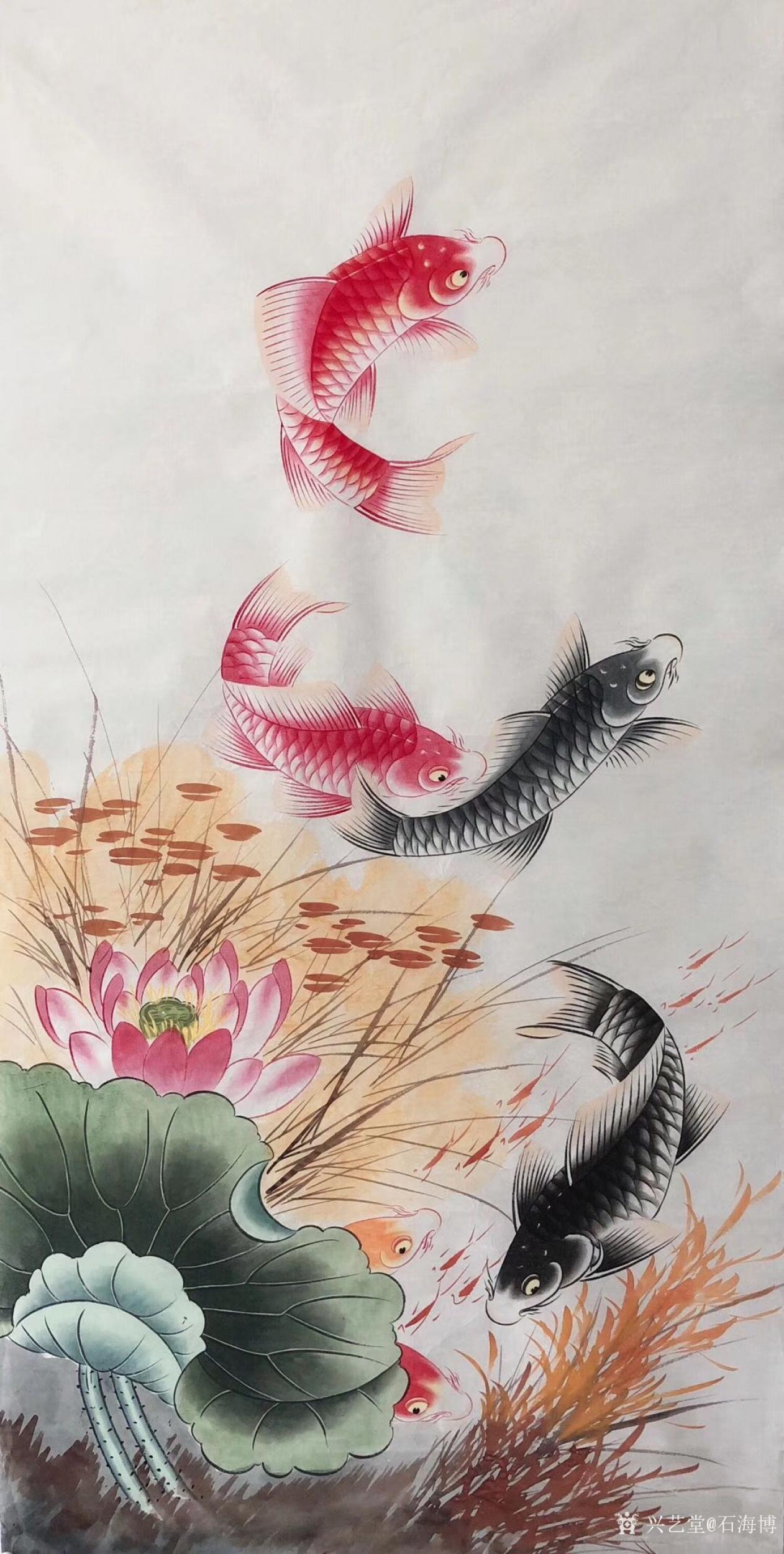 石海博日志-工笔画《连年有余》系列三幅,尺寸68×138cm,喜欢的朋友