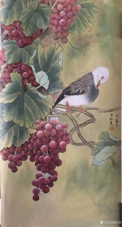 汪林日记-工笔画葡萄动物组合系列《猫葡萄组合》《葡萄飞鸟》组合，尺寸66x35cm【图1】