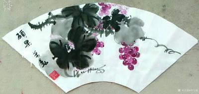 李万勤日记-国画之写意葡萄扇面作品，《硕果》《秋实》《幸福生活》《秋的季节》。
  休假回【图3】