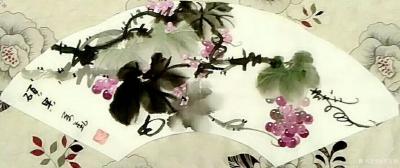 李万勤日记-国画之写意葡萄扇面作品，《硕果》《秋实》《幸福生活》《秋的季节》。
  休假回【图4】