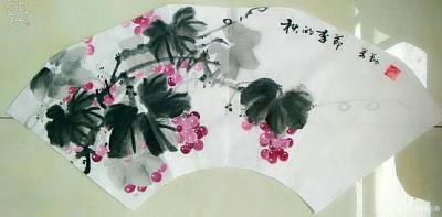 李万勤日记-国画之写意葡萄扇面作品，《硕果》《秋实》《幸福生活》《秋的季节》。
  休假回【图5】