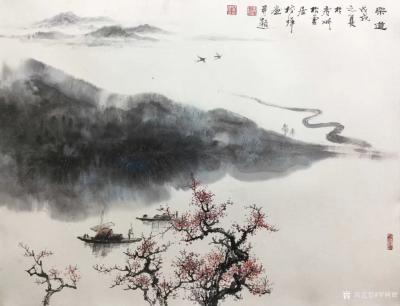 罗树辉日记-《乐道》，国画山水画，四尺斗方68x68cm，宁静的河水，悠闲的渔船，翻飞的燕子【图1】