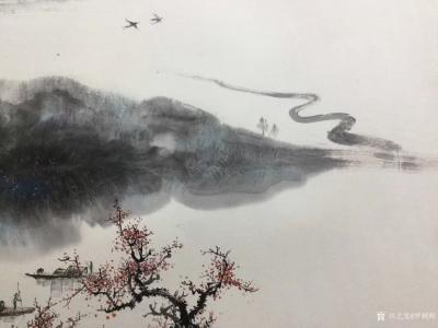 罗树辉日记-《乐道》，国画山水画，四尺斗方68x68cm，宁静的河水，悠闲的渔船，翻飞的燕子【图2】
