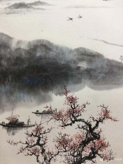 罗树辉日记-《乐道》，国画山水画，四尺斗方68x68cm，宁静的河水，悠闲的渔船，翻飞的燕子【图4】