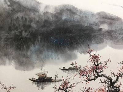 罗树辉日记-《乐道》，国画山水画，四尺斗方68x68cm，宁静的河水，悠闲的渔船，翻飞的燕子【图5】
