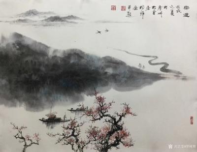 罗树辉日记-《乐道》，国画山水画，四尺斗方68x68cm，宁静的河水，悠闲的渔船，翻飞的燕子【图6】