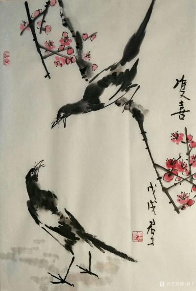 田君才日记-国画花鸟画～喜鹊系列《双喜》《喜上眉梢》《如意》《柳意新绿》，尺寸68*138c【图1】