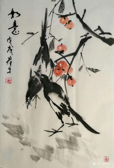 田君才日记-国画花鸟画～喜鹊系列《双喜》《喜上眉梢》《如意》《柳意新绿》，尺寸68*138c【图2】