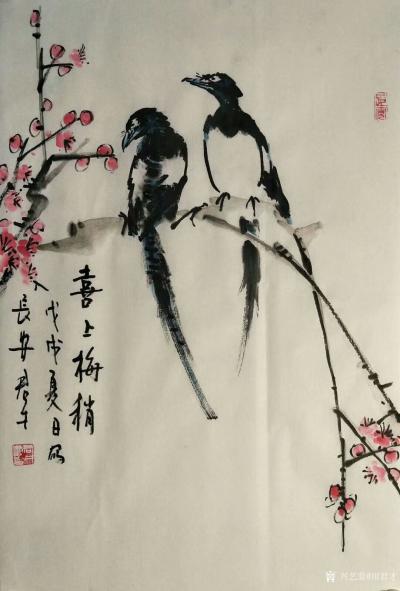 田君才日记-国画花鸟画～喜鹊系列《双喜》《喜上眉梢》《如意》《柳意新绿》，尺寸68*138c【图4】
