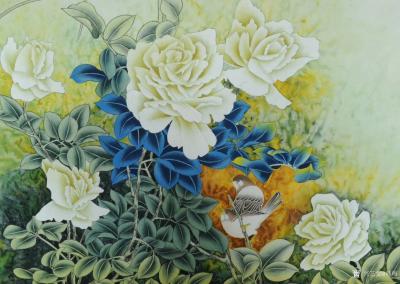 韩梅日记-四尺斗方工笔花鸟画月季《鸟语花香》，附局部图【图3】