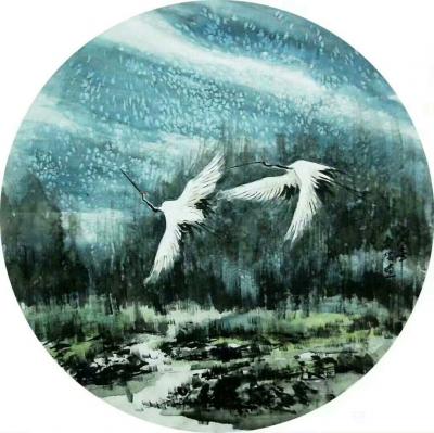 吴朝阳日记-爱情系列花鸟画《比翼双飞》，双鹤，双燕，双天鹅，尺寸四尺斗方68*68cm，（此【图2】