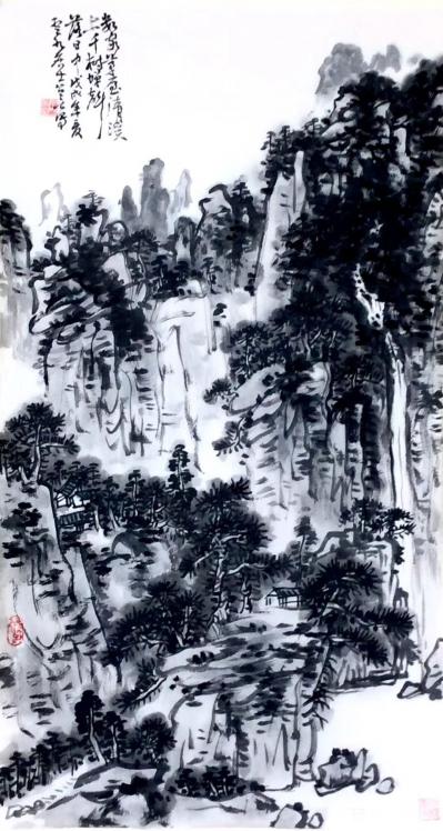 龚光万日记-国画写意山水画《数家茅屋清溪上，千树蝉声落照中》，尺寸68x138cm，【图1】