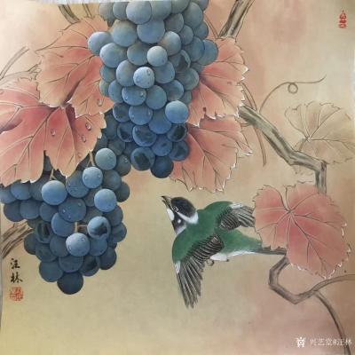 汪林日记-《红叶夏黑葡萄》，工笔花鸟画，尺寸60x60cm,欢迎定制【图1】