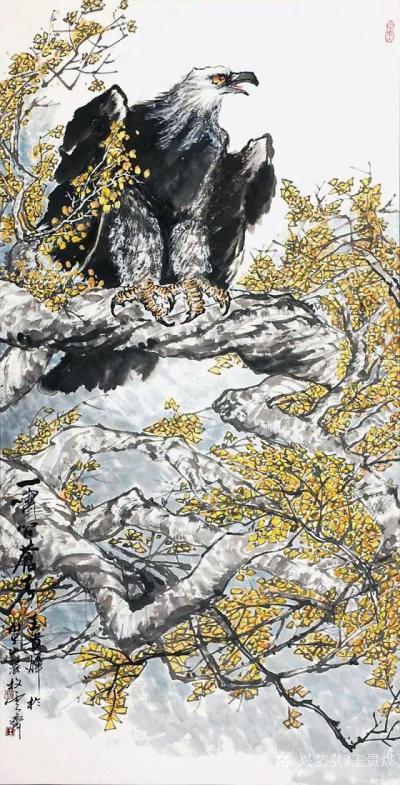 王贵烨日记-《一啸问苍茫》《志在千里》《一声万里》《月夜苍鹰》国画动物画鹰系列作品，近作5幅【图2】