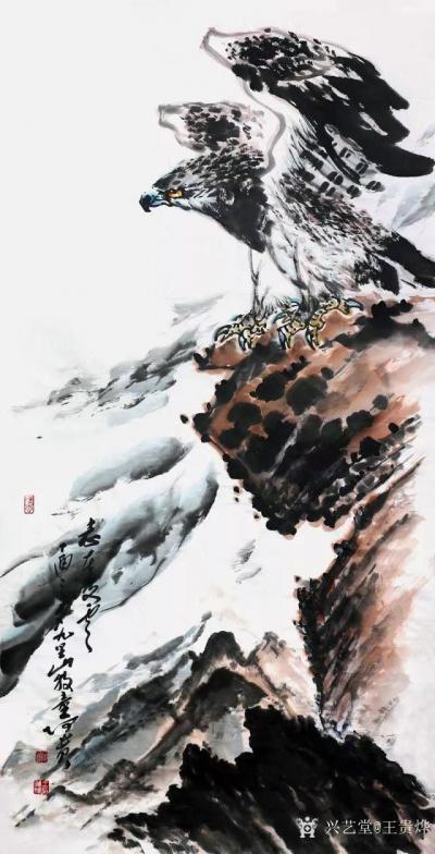 王贵烨日记-《一啸问苍茫》《志在千里》《一声万里》《月夜苍鹰》国画动物画鹰系列作品，近作5幅【图3】