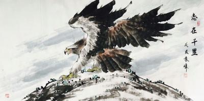 袁峰日记-本人作品《志在千里》国画雄鹰，尺寸四尺68*138cm，……与刚果卡萨伊部落女王【图1】