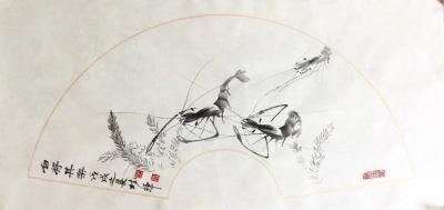 罗树辉日记-扇面《自得其乐》偶尔画虾，也自得其乐。【图1】