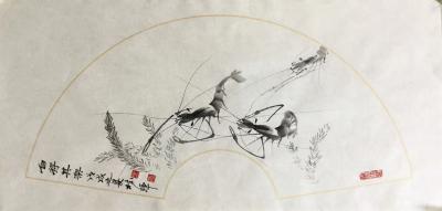 罗树辉日记-扇面《自得其乐》偶尔画虾，也自得其乐。【图4】