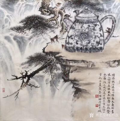 石广生日记-壶诗《借得银河挂前川，移来天壶醉群猿。人间沧桑雄风在，松涛如歌颂水帘。》罗树辉画【图1】