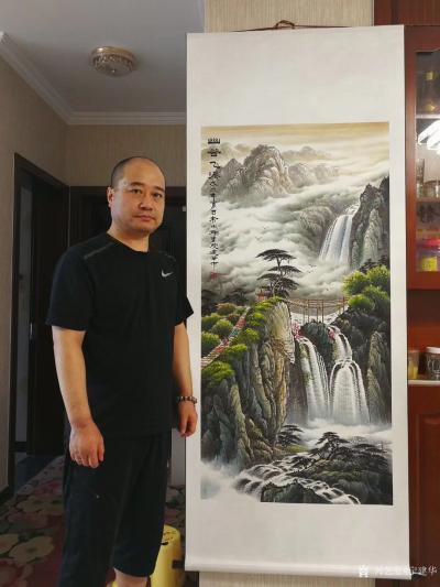 宁建华日记-《幽谷飞瀑》四尺竖幅国画彩墨山水画，已装裱，客户订单今天刚发出，请老师们欣赏指导【图1】