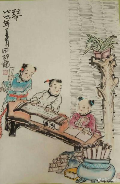 侯同印日记-国画人物画儿童系列作品《琴》《棋》《书》《画》，尺寸四尺三开，新作，分享以留念。【图1】