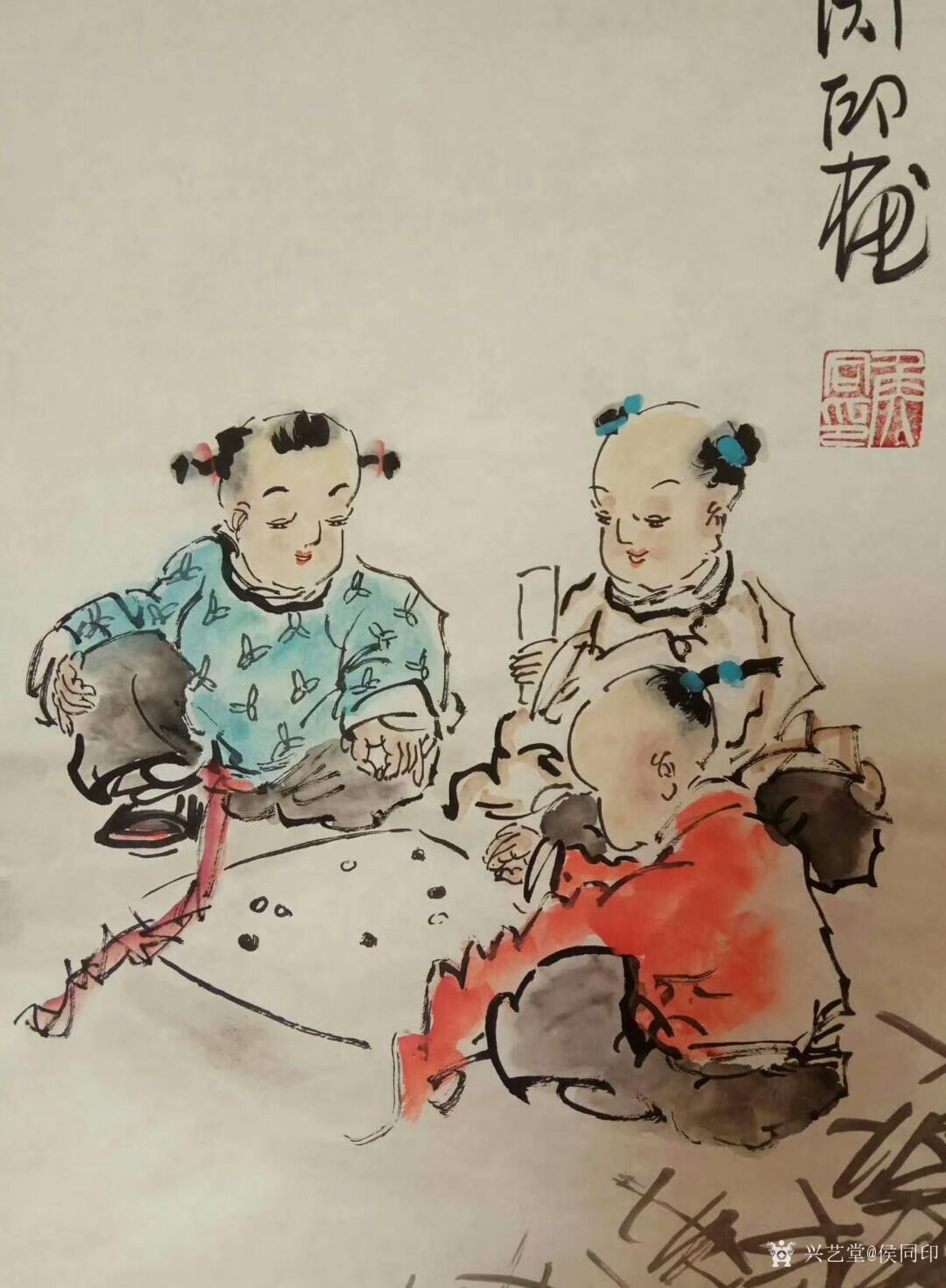 侯同印日志-国画人物画儿童系列作品《琴》《棋》《书》《画》,尺寸四
