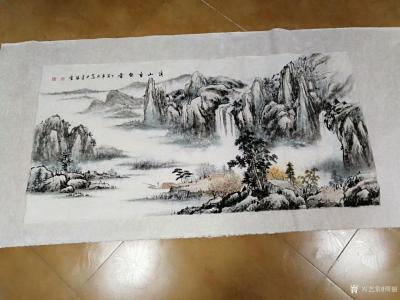 周丽日记-国画山水画《溪山垂钓图》，尺寸68x138cm,《海上奇观》，尺寸68x180c【图1】