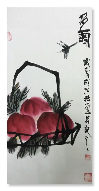 汪琼日记-国画寿桃系列：《寿酒》，《多寿》，《三千年之果》，尺寸68x138cm,；《福寿【图2】