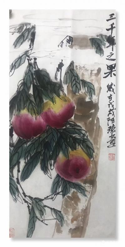 汪琼日记-国画寿桃系列：《寿酒》，《多寿》，《三千年之果》，尺寸68x138cm,；《福寿【图5】