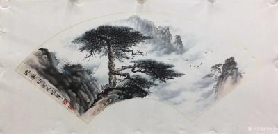 罗树辉日记-扇面《迎客松》全部和局部细节拍照，近期国画山水画作品【图4】