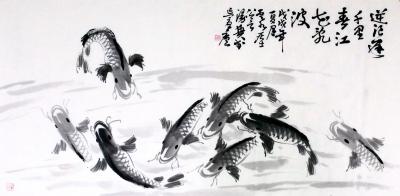 龚光万日记-《逆浪迟千里，春江花乱波》国画写意山水画，尺寸68x138cm【图1】