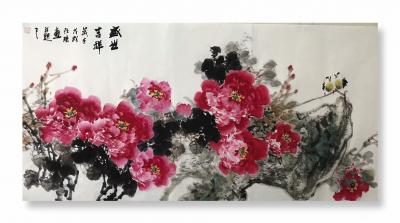 汪琼日记-近作《盛世吉祥》，《富贵吉祥》，国画花鸟画牡丹系列作品三幅，尺寸68x138cm【图1】