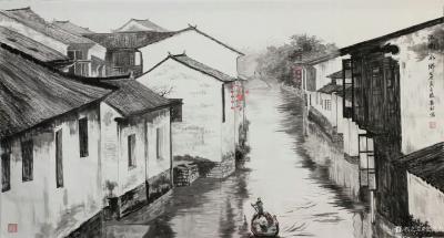 张喜才日记-《江南水乡》，纽约参展作品，尺寸六尺98x180cm【图1】