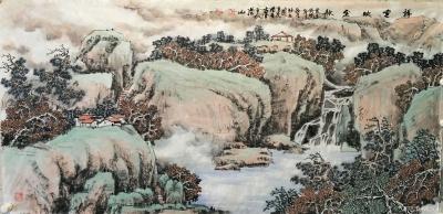 祝汉山日记-《绿水青山紫气升》，《谷韵泉声》，《祥云映金秋》国画山水画近作，尺寸68x138【图3】