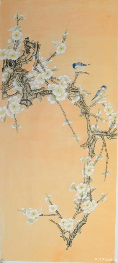 韩梅日记-《白梅》，《黄角兰》，复古工笔花鸟画，尺寸115X52厘米，可按要求题字。【图4】